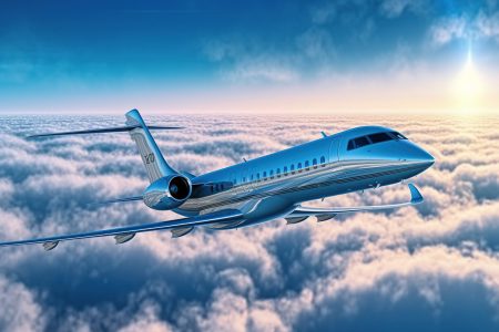 Luxury design private jet flying over the clouds AI generated image