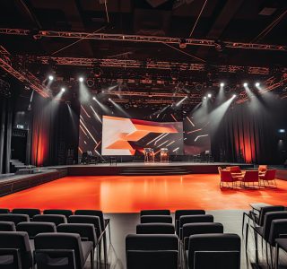 Concert hall with red curtains and stage lights. 3D rendering, A modern training hall with chairs facing a giant stage with one big screen displaying, AI Generated